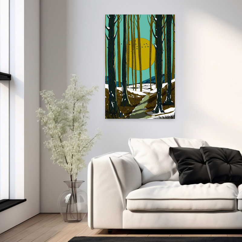 Contemporary Art Abstract Peaceful Retro Bird Pine Forest Landscape Wall Art - Wrapped Canvas Print, 91.44cm H x 60.96cm W