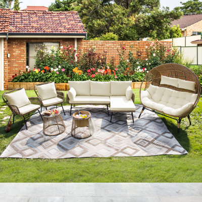 7-Piece Boho Outdoor Furniture Set Wicker Patio Conversation Sectional Set with 2-Person Egg Chair & Ice Bucket Table by Lark Manor