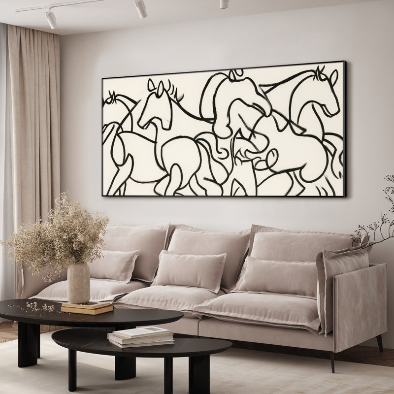 Troupeau de chevaux minimaliste - art mural encadré très grand (assemblage requis), H 24 po x l 46 po