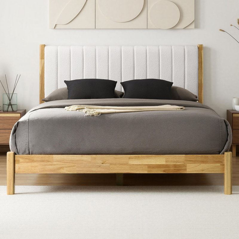 Eliza Solid Wood Boucle Upholstered Headboard Bed Frame - Queen Size, Natural/Cream White Boucle