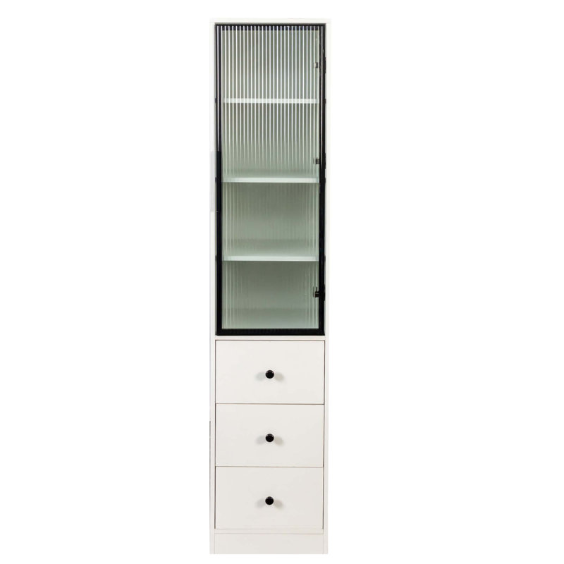 Élégante armoire de rangement avec tiroirs spacieux et portes en verre, parfaite pour les espaces de vie modernes et organisés