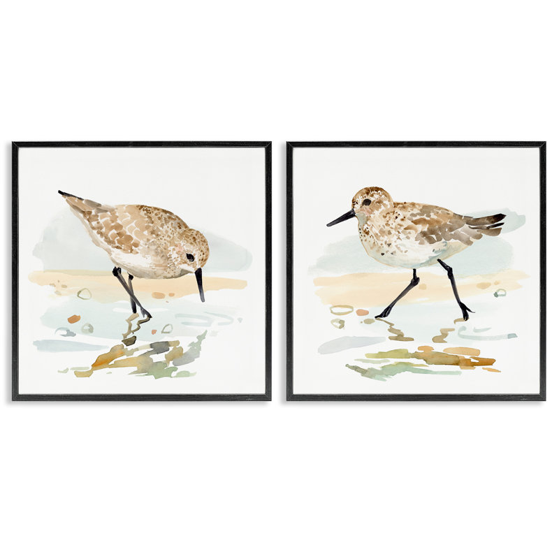 Sea Birds On Shore, impression sur bois encadrée 2 pièces, H 17 po x l 34 po x P 1,5 po, Giclée encadrée noir minuit