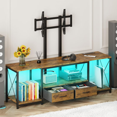 Meuble télé à DEL, support télé, centre multimédia, tiroirs en tissu, console de coin, brun rustique
