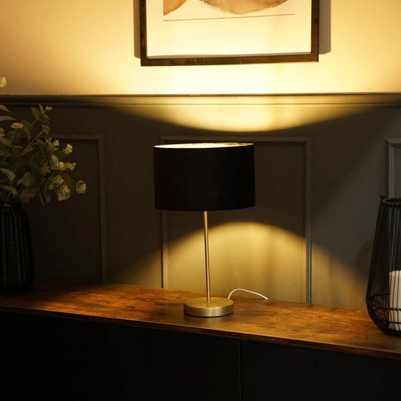 Dadiva Brushed Chrome Stem Table Lamp with Velvet Reni Shade, Yes, 43cm H x 25 cm W x 25cm D, Gold Base/Black Shade