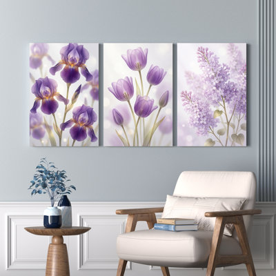 Purple Iris Tulip And Lilac Floral Canvas Wrapped Wall Art Oil Painting Print Set Of 3 For Living Room Bedroom Decor
