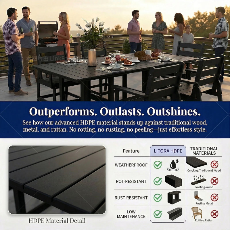 7-Piece-HDPE Outdoor-Table-And-Chairs With Umbrella Hole, Black