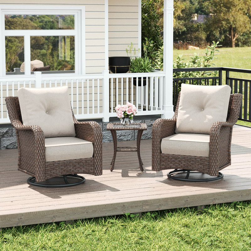  3 Piece Wicker Outdoor Furniture Set with 6-inch Comfy Cushions, High Back Patio Furniture Set with Swivel Rocking Chairs and Side Table