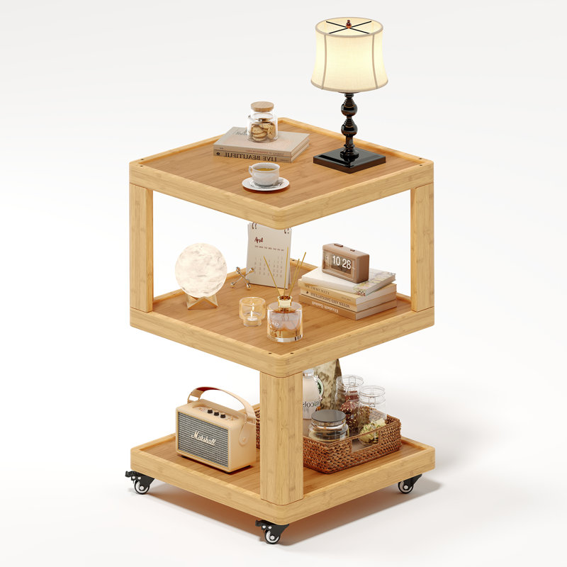 Natural Solid Wood 3-Tier Rolling Side Table,Natural Finish, Natural Wood Top/Yellow Base