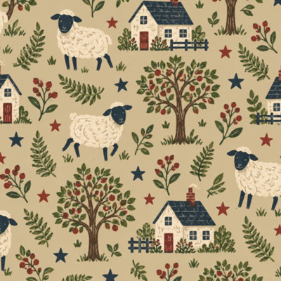 Peel and Stick Wallpaper sheep Farmhouse trees floral leaves cottage star vintage Christmas Contact Paper Removable Self Adhesive Wall Mural Wall Decor for Bedroom Kitchen Cabinets 17.7in x 118in