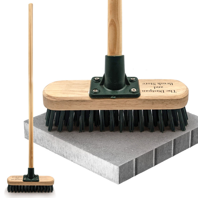 9" Stiff PVC Bristle Decking Brush with Long Wooden Handle Heavy Duty Outdoor Deck Scrubbing