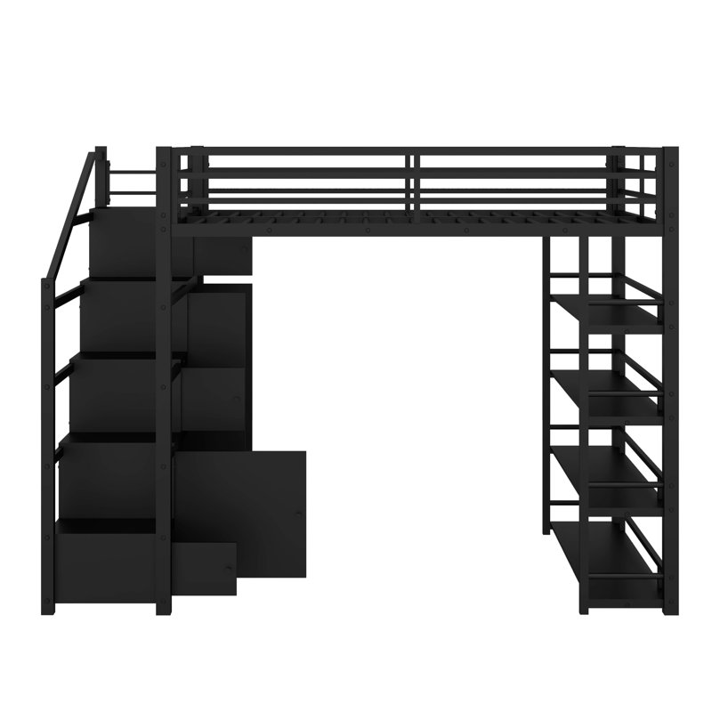 Lit mezzanine double en métal avec tablettes, armoires et garde-robe