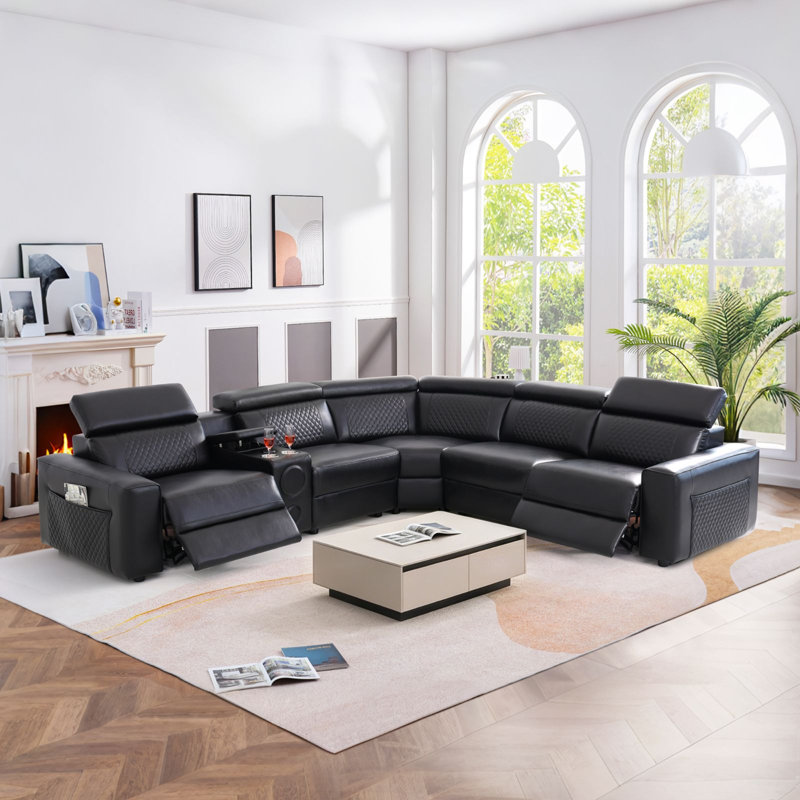 Canapé modulaire inclinable électrique en cuir 6 pièces avec panneau de commande multifonction, appuie-tête électriques, console de rangement, éclairage DEL et haut-parleurs Bluetooth