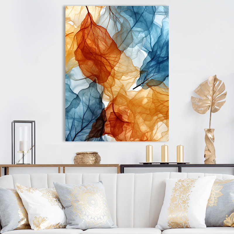Rétro motif de feuille orange et bleu - formes abstraites, art mural, salon, Toile tendue, H 40 po x l 30 po x P 1,5 po