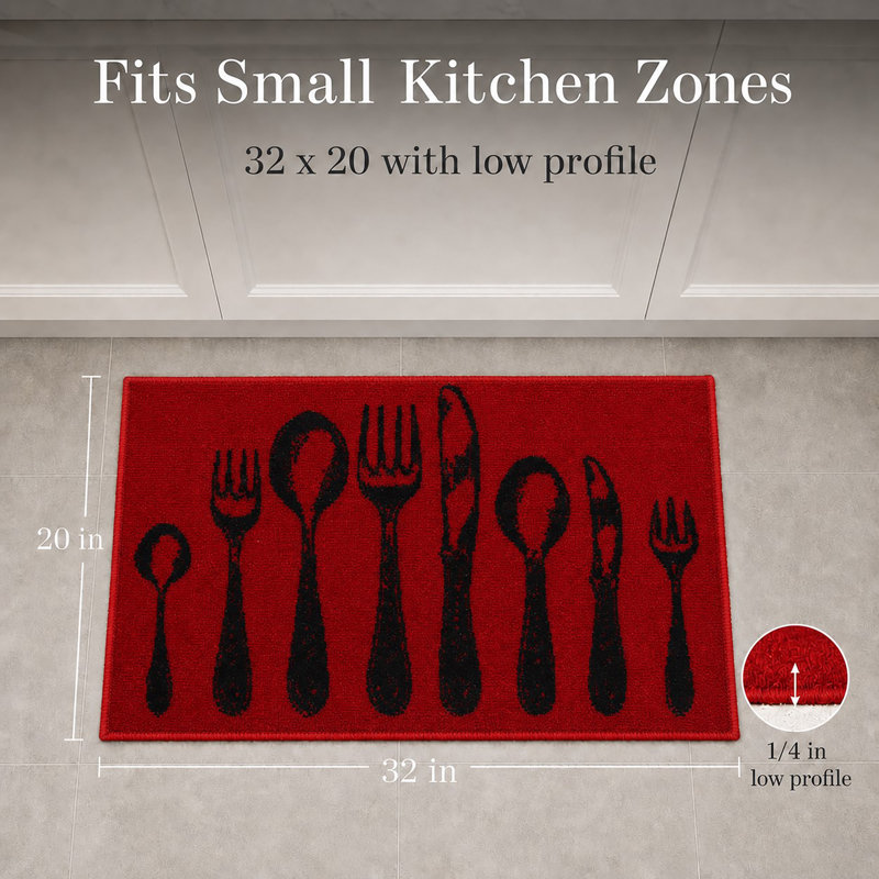 Luxurious Comfort Chef Kitchen Mat, Cutlery Design, Low-Profile, Universal Fit, Rectangle 1'8'' x 2'8", Red