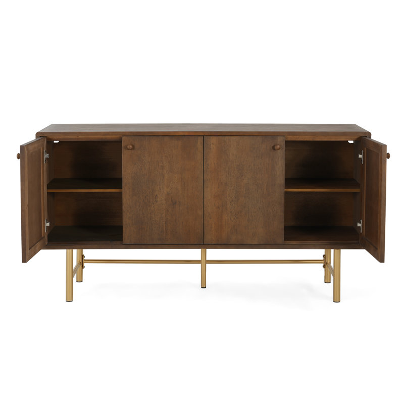 Shmuel Mid-Century Modern Wood Sideboard With Adjustable Storage And Gold Metal Base, Walnut