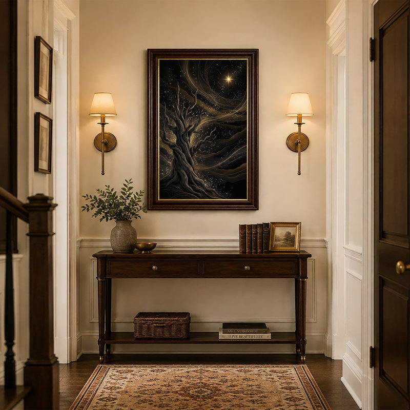 «Gnarled Black Tree in Golden Starry Night», art mural sur toile, 18"H x 12"W