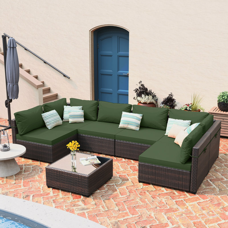 7-piece wicker patio conversation sets with cushions, Green