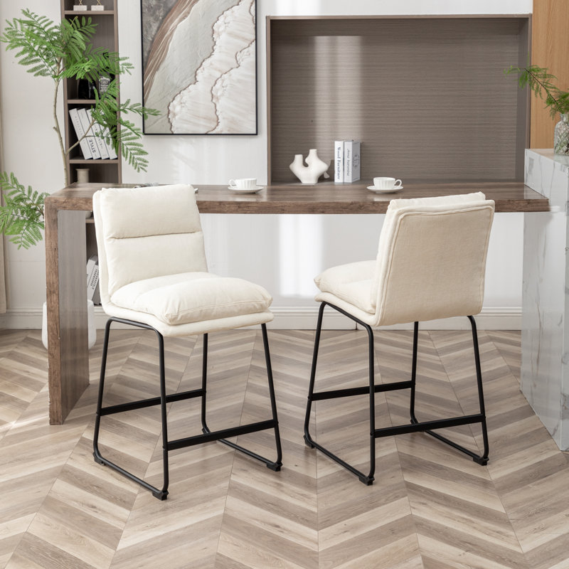 Upholstered Barstools Set of 2, Fabric-White