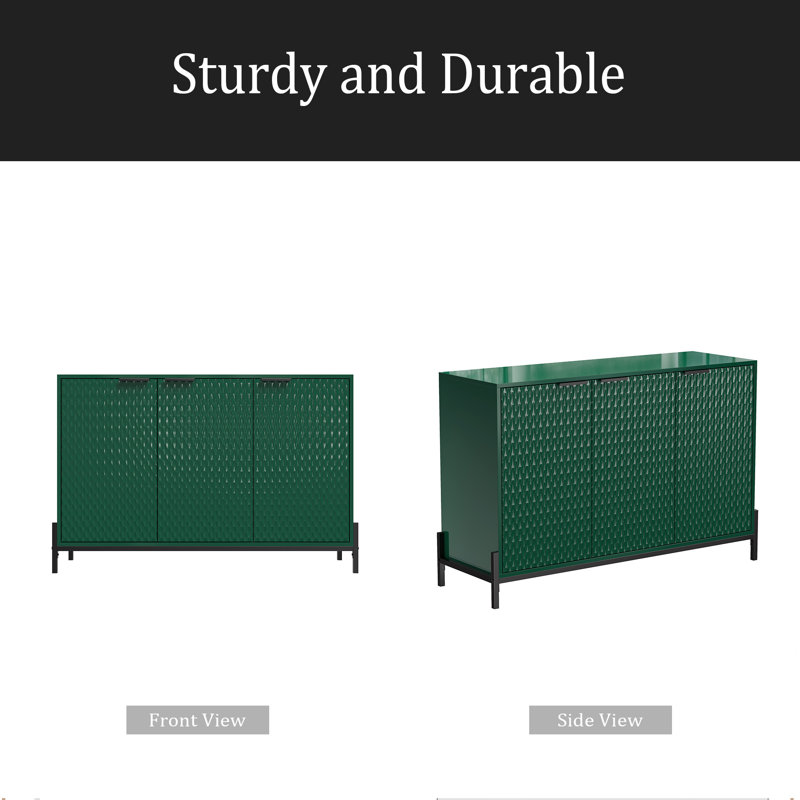 Modern High Gloss 3-Door Cabinet -Buffet Sideboard With Powder Coated Metal Feet, Green