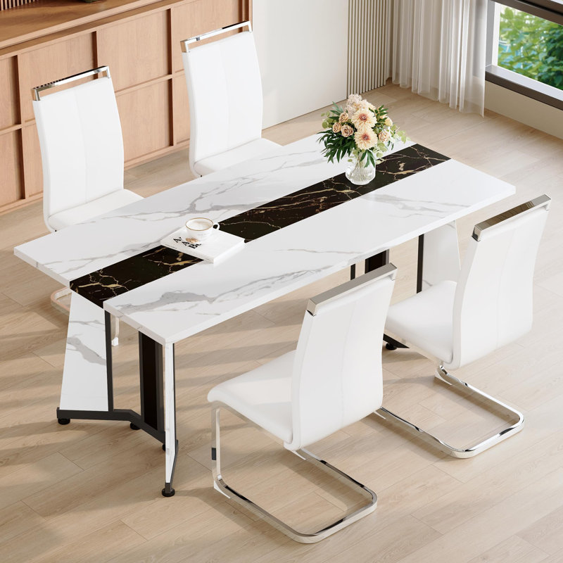 5 Piece Dining Table Set Featuring A Faux Marble Tabletop And Streamlined Support Legs. 70.9" Rectangular Dining Table Set For 4 Delivers Stability, Comfort And Style.