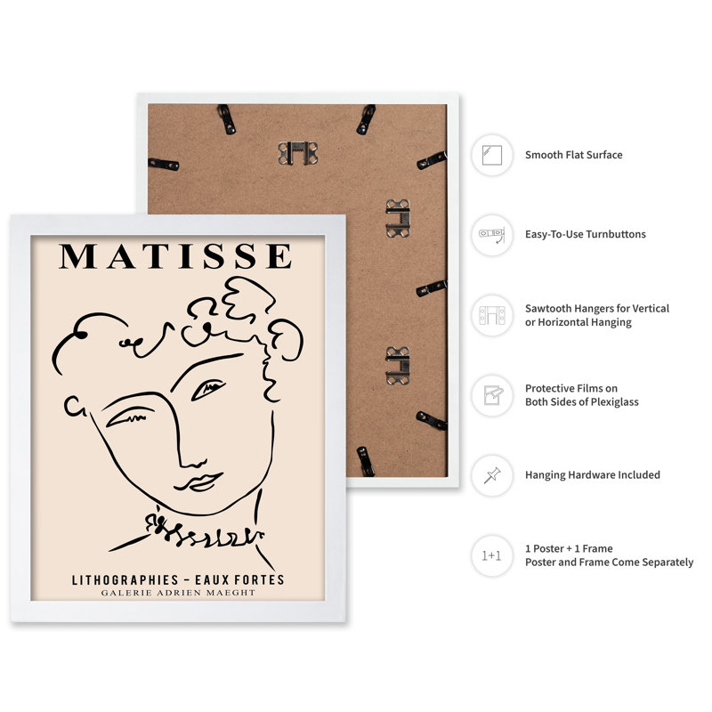 Henri Matisse - Visage de femme, H 16 po x l 20 po, Affiche, Encadrement blanc