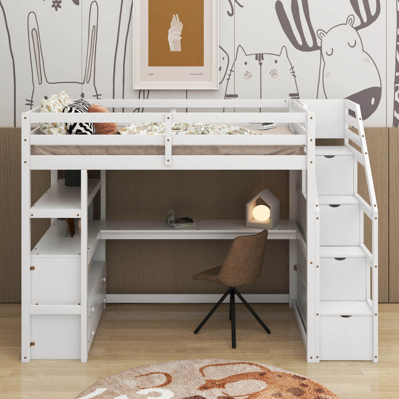 Lit mezzanine simple avec bureau et tablettes, Blanc