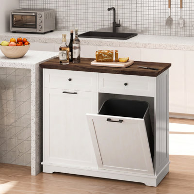 Meuble de poubelle basculant avec tiroir de rangement, support de poubelle dissimulé en bois sur pied, meuble à poubelle de cuisine de style ferme pour la maison
