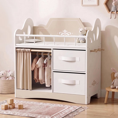 Ensemble berceau en bois 3 en 1 avec accessoires, mobilier de chambre d'enfant pour jeu d'imitation comprenant une armoire, une table à langer, du linge de lit, des crochets, des cintres et un oreiller. Convient aux poupées jusqu'à 53 cm (21 pouces). Pour les filles à partir de 3 ans.