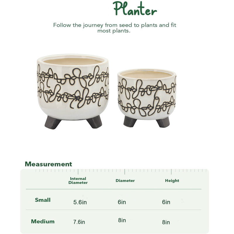 Succulent Pots, 6+8 Inch Ceramic Indoor Plant Pot With Foot, Modern Round Decorative Flower Pot, Gifts For Mom, Set Of 4,Beigewith Stripe Print