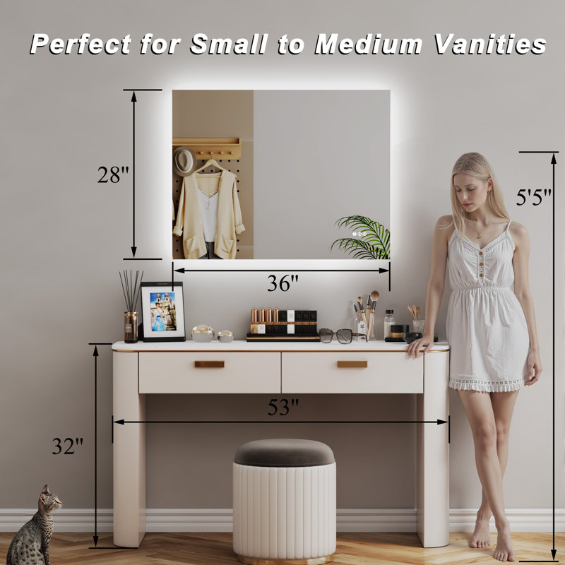  Miroir rectangulaire de salle de bain et de meuble-lavabo moderne à DEL à 3 couleurs et à intensité variable, 28 po x 36 po