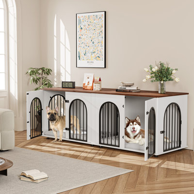 Mobilier de cage pour chien pour 2 chiens, chenil d'intérieur pour chien avec coussins 71 po, meuble télé en bois avec séparateur amovible, grande table de bout double