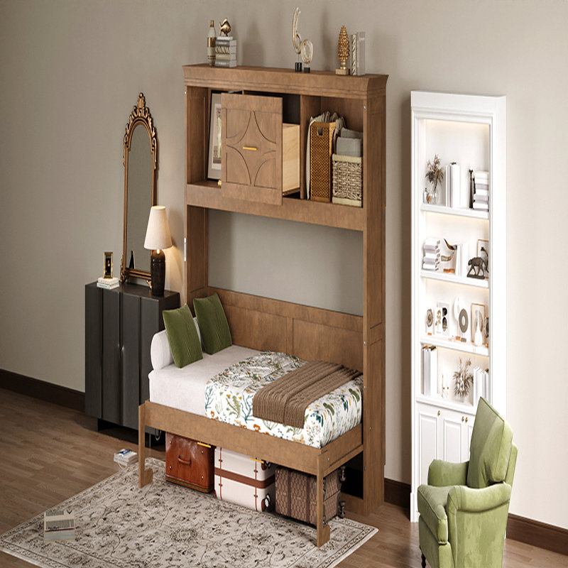 Lit escamotable simple avec station de charge et tiroir, couleur bois, Bois