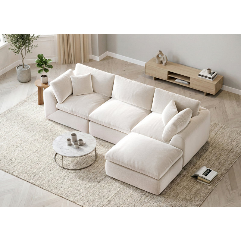 Boneless 79" Compact Cloud-Style Sectional, Chenille Sofa With Ottoman, High-Density Boneless Compression Foam, White