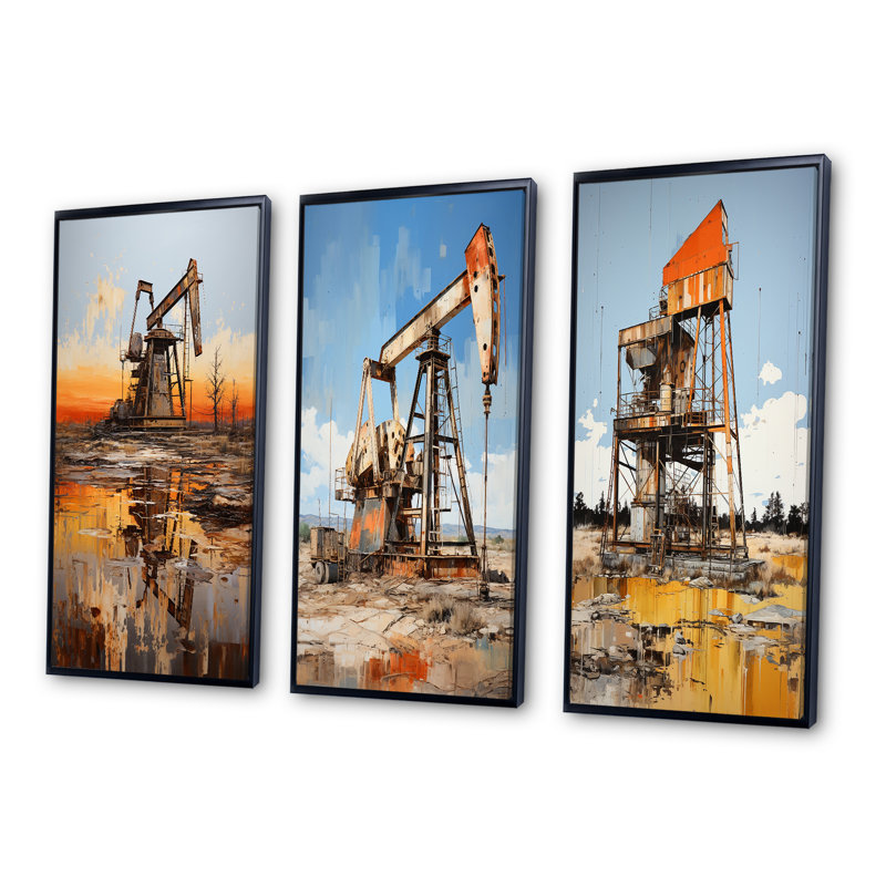«Gold Oil Rigs Fields In Texas», 3 pièces sur toile, H 32 po x l 48 po, Cadre flottant noir