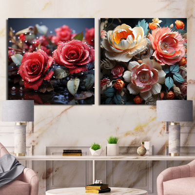 Crimson Rose Passion - Floral Square Collage Set Of 2