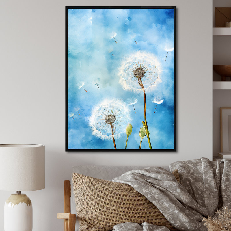 «Blue Dandelion Dreams I» sur toile, Cadre flottant noir, H 32 po x l 24 po x P 1 po