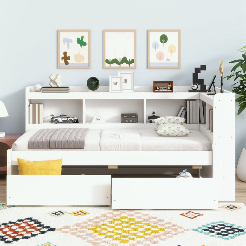 Full Size Bookcases Bed with Power Outlets, USB Charging Ports and Two Drawers, Twin, White