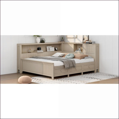 Lit de jour pleine grandeur en bois de pin avec tablettes et amp; 3 tiroirs - lait blanc antique, aucun sommier nécessaire