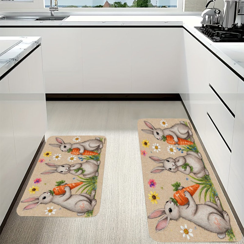 Ensemble de 2 lapins blancs avec carottes, tapis de cuisine, Lapins blancs avec carottes