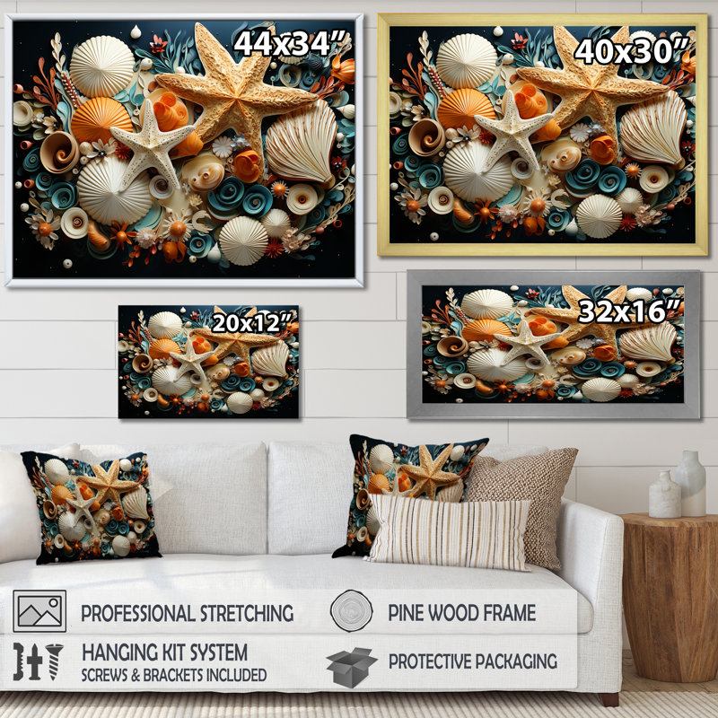 Collage moderne de coquillages de plage - art mural océan, Cadre simple noir, H 30 po x l 40 po x P 1,5 po
