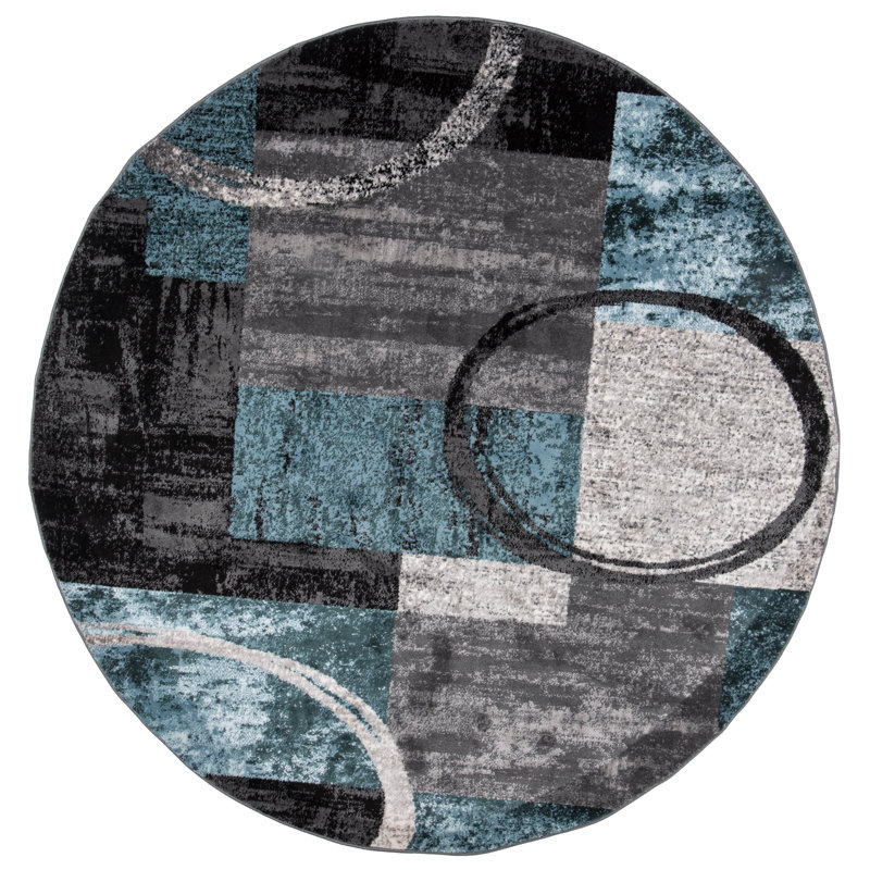 Tapis moderne performance gris, ivoire et bleu à motif abstrait Fanton, Rond 6 pi 6 po, Bleu/gris