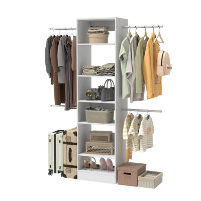 Closet Organizer Tower With Shelves And Extendable Hanging Rods, 72.86–114.86" Wide, White