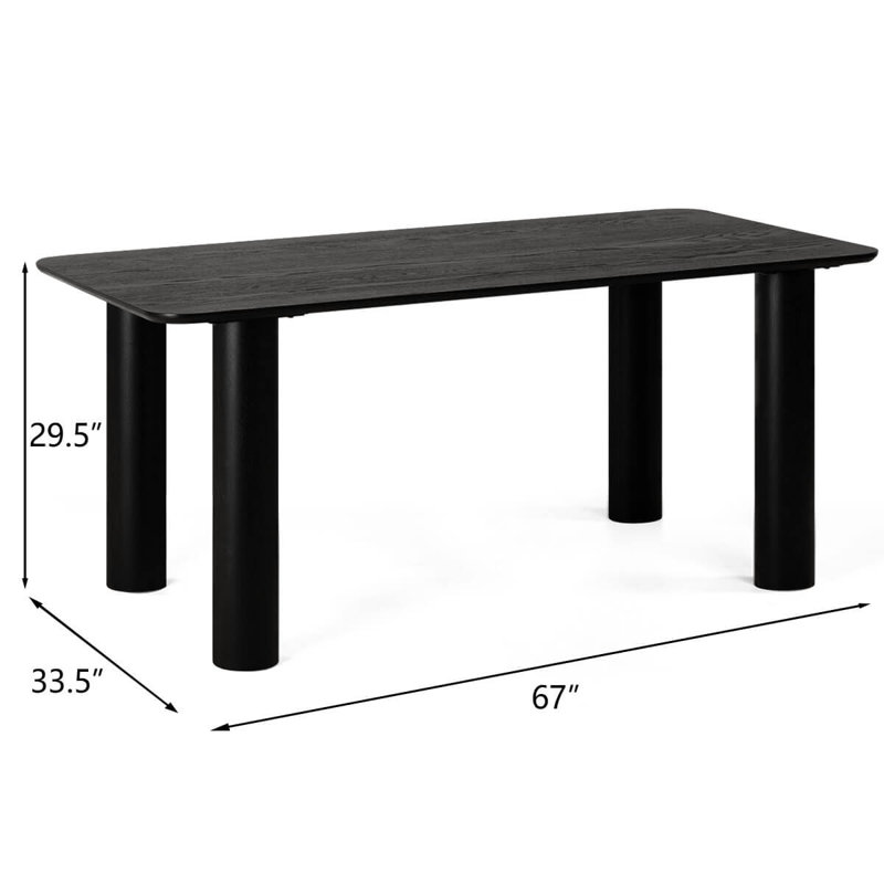 67" Rectangular Solid Oak Wood Pillar Leg Dining Table For 6, Black