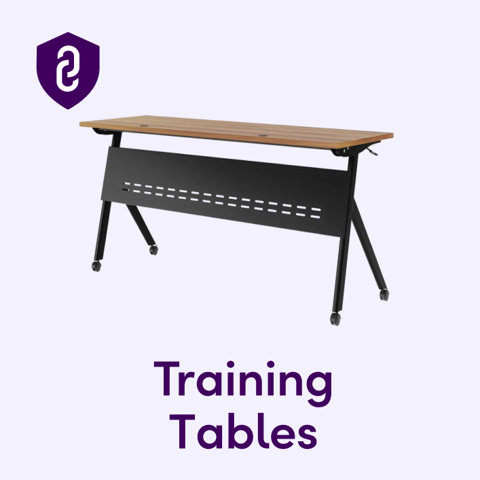 Black metal training table with wooden top, modesty panel, and casters