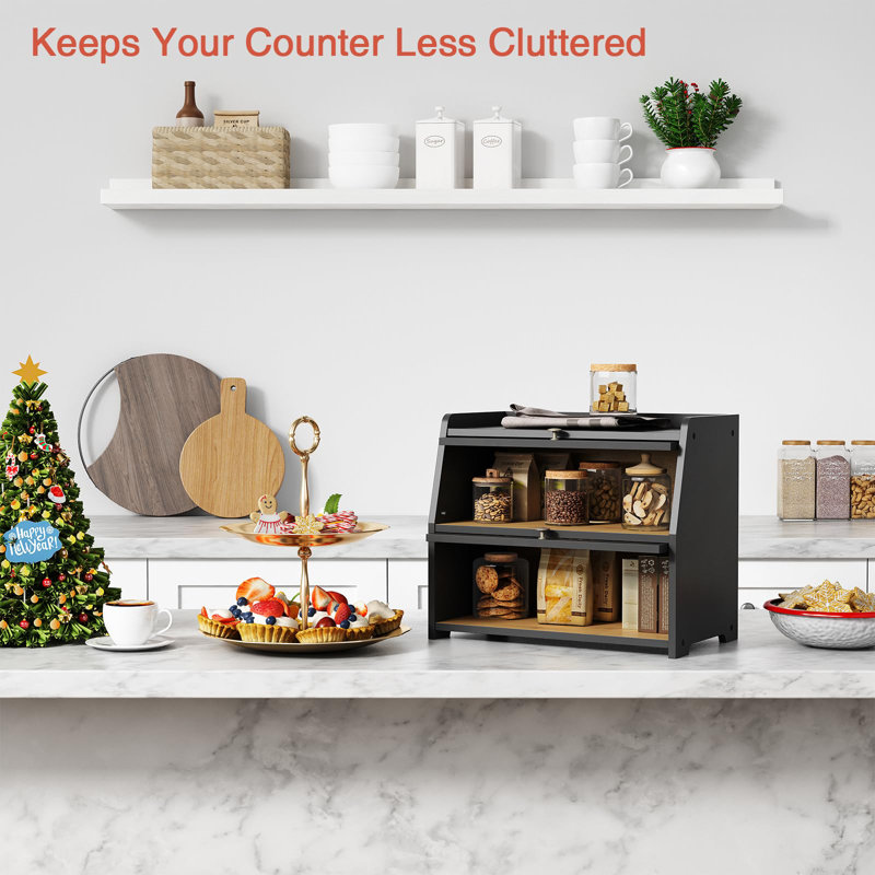 Large Double‑Layer Black Bread Box, Farmhouse Storage Organizer for Kitchen Counter Pantry Cabinet