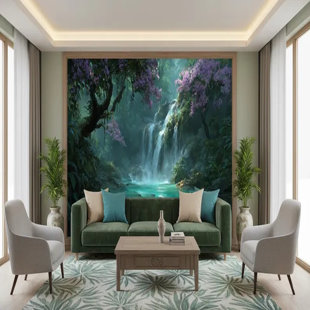 Enchanted Emerald Waterfall Forest Mural