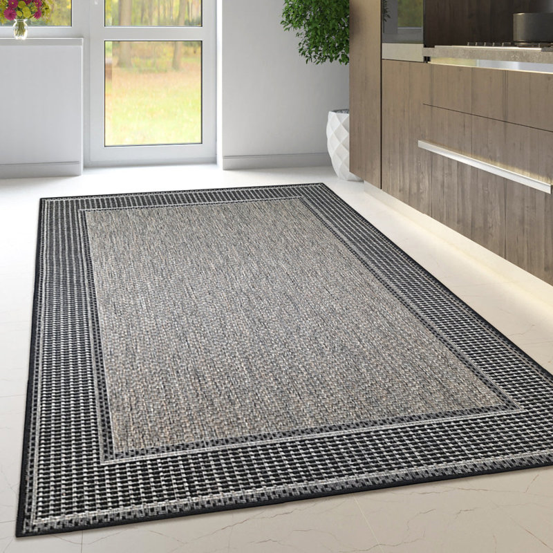 Non Slip Border Rug Flat Weave Kitchen Living Room Carpet, Rectangle 160 x 225 cm, Brown 