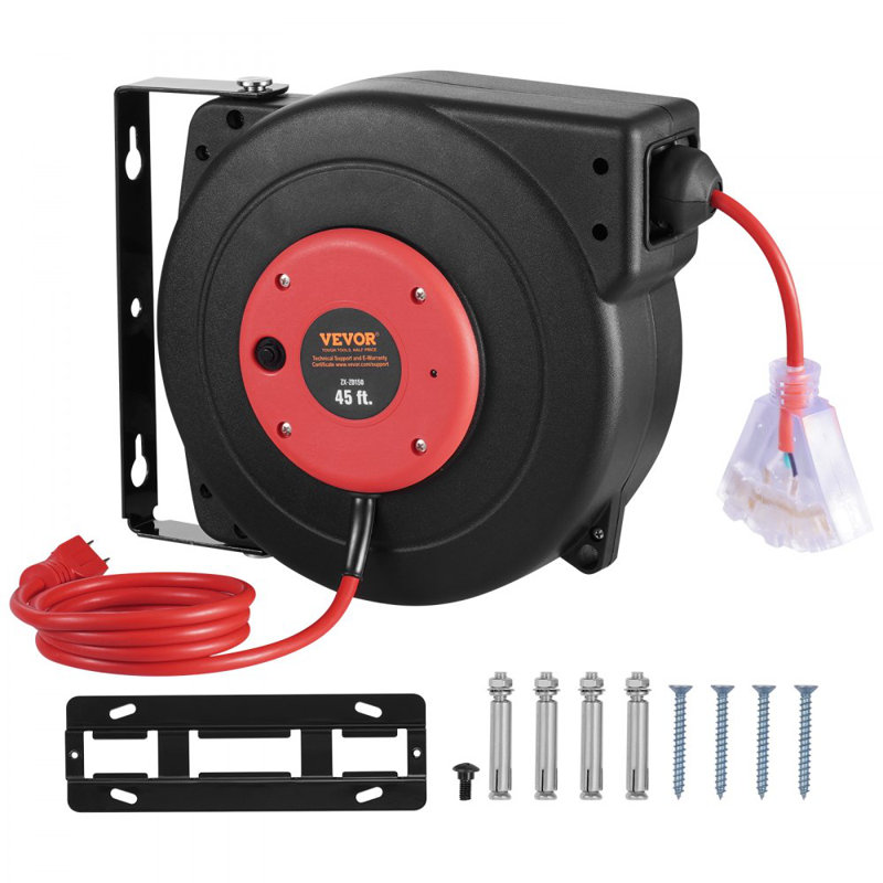 Enrouleur de cordon d'alimentation rétractable 45FT 12AWG / 3C SJTOW, Rouge