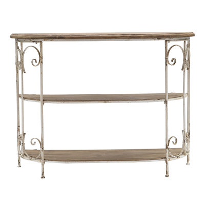 Three-Tiered Wooden Shelving Unit with Ornate Iron Frame