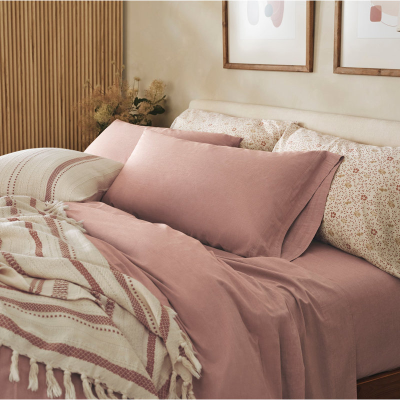 Organic Crinkled Percale Sheet Set, Queen Sheet Set with 2 Pillowcases, Praline Chambray